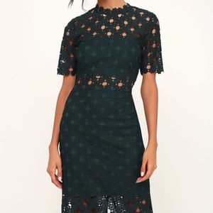 Dark teal green lace cocktail midi dress. NWT